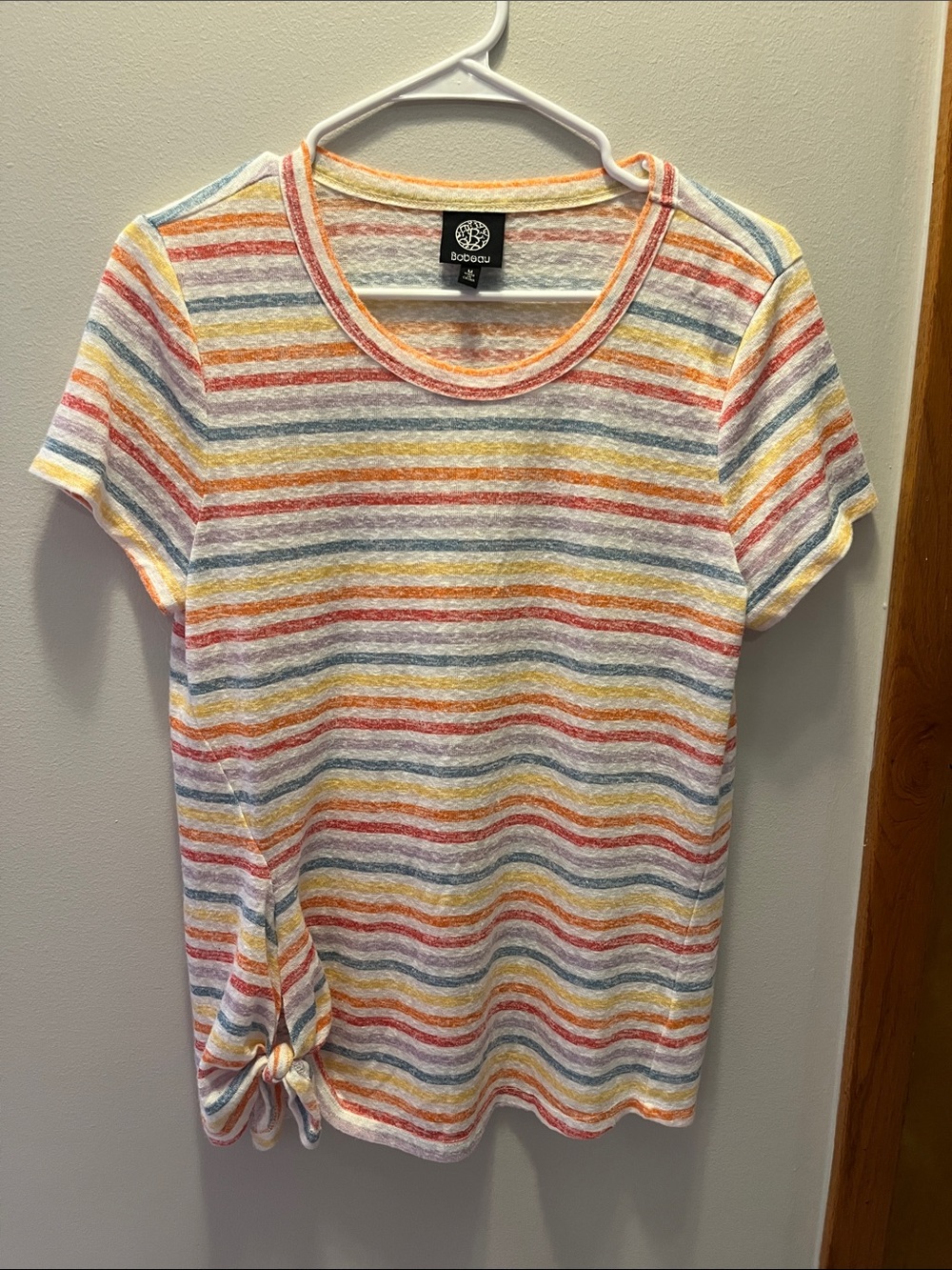 bobeau White Multistripe Short Sleeve Crewneck Top with Side Tie